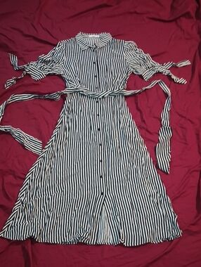Mango Black & White Striped Midi Shirt Dress Woman's S 4 Belted Unique Stylish
